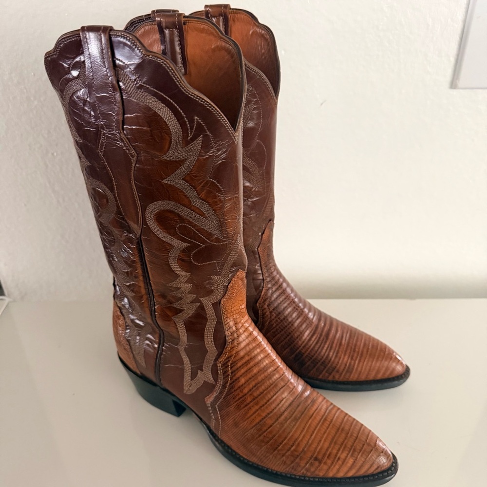 LUCCHESE 2000 Cognac Brown Lizzard Leather Western Cowboy Men’s  Boots Sz 8E